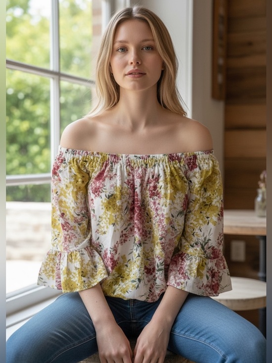eesome Tops - eesome brand women's blouse with floral pattern off-the-shoulder neckline Small
